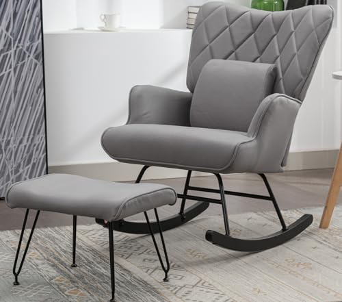 Image of AZXZCS Nursery Rocking Chairs with Fabric Upholstered Glider Chair for Nursery and Living Room,Nursery Chair Includes Ottoman and Lumbar Pillow-Gray