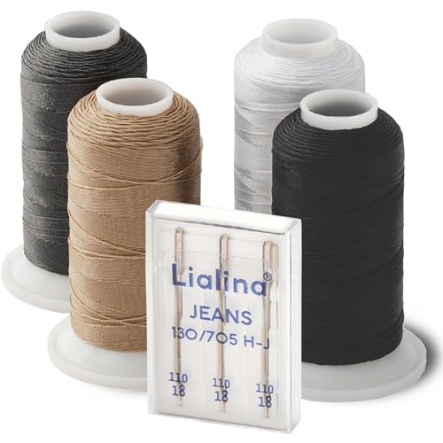 Lot de fil à coudre 100 % polyester - Fil extra fort avec aiguilles pour machine à coudre - 4 x 250 m (blanc, noir, gris, beige) - Fil de cuir pour tissus...