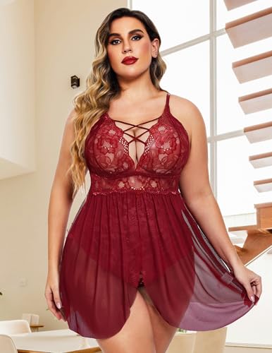 Avidlove Plus Size Babydoll Womens Snap Crotch Lingerie V Neck Lace Nighty Sleepwear L-5XL2