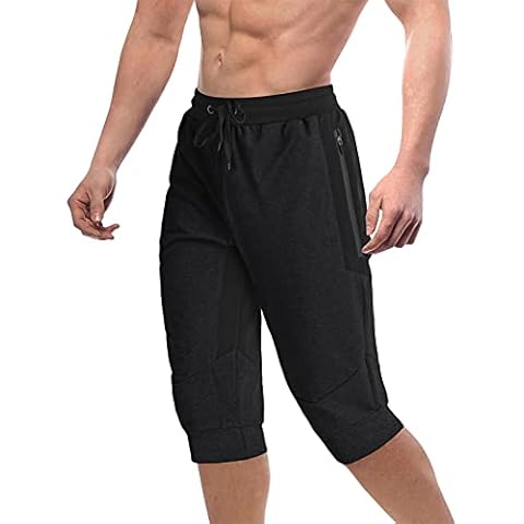 Bnokifin Running Shorts Men 3/4 Length Shorts Casual Cotton Gym Shorts with Zip Pockets Black Cover