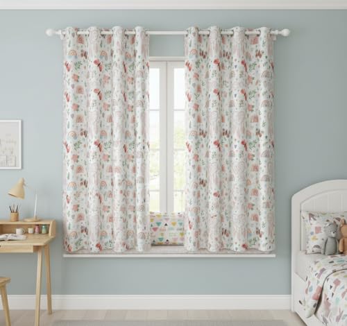 Image of Light Filtering Butterfly Rainbow Print Curtain for Kids Room Girls Room Boys Room Curtains 5 Feet Set of 2 pcs Door Panels 5 ft Curtain for Play School