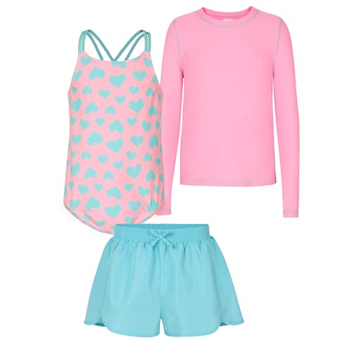Image of Saint Eve Kids 3 Piece Rash Guard Swimsuit Set with UPF 50+ Protection Girls Swim Shirt One Piece Bathing Suit & Shorts