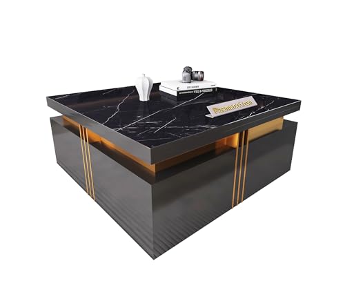 Image of Premium Marble-Top Wooden Center Table for Living Room | Coffee Table | Contemporary Design Craftsmanship (Black Big - 36x36x17 Inch)