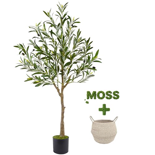Warmplants Artificial Olive Tree, 4ft Tall Fake Olive Leaves Plant with Basket, Indoor Outdoor Faux...