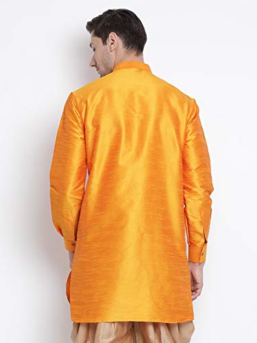 Image of Vastramay Men's Gold Curved Shape Pathani Style Silk Cotton Kurta - Mid-Length with Buttoned Cuff, Soft & Comfortable Ethnic Wear