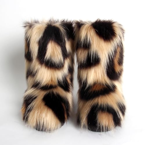 Women Faux Fur Boots Furry Plush Winter Fashion Shoes Fluffy Warm Snow Boots Mid-Calf Comfortable Outdoor Flat3