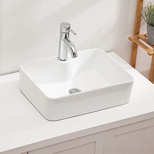 Bathroom Sink 19"X15" Bathroom Vessel Sink Rectangle Above Counter White Porcelain Ceramic Modern Vanity Sink Art Basin With Faucet Hole,Sink For Bathroom #TOP3