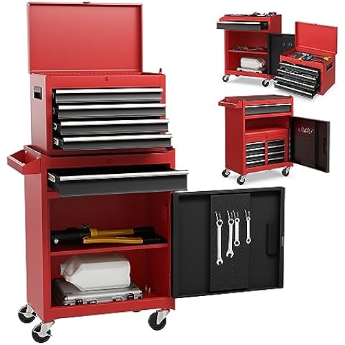 Rolling Tool Chest, 5-Drawer Tool Storage Cabinet with Wheels, Adjustable Shelf & Anti-Slip Liner, Tool Box Organizer for Garage, Warehouse & Workshop (Red+Black)