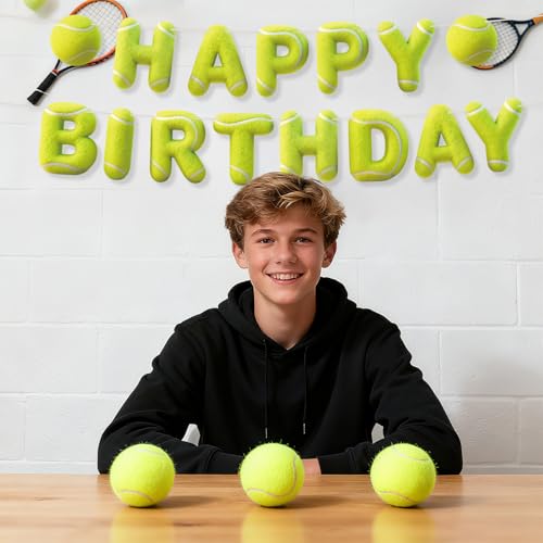 Image of Sport Birthday Banner, 3D Sport Theme Happy Birthday Banner (Tennis) | Decoration Funny Ball Themed Party Supplies Suitable for Kids Teenagers Adults
