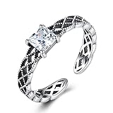 Anillo de circonita elegante, ajustable, abierto, con forma cuadrada hueca de plata esterlina S925 para damas