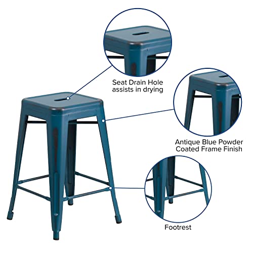 Flash Furniture Kai Commercial Grade 4 Pack 24" High Backless Distressed Antique Blue Metal Indoor-Outdoor Counter Height Stool #TOP4