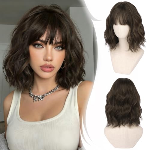 RUWISS Peruca de cabelo reflexos castanhos com franja, 35 cm perucas mulher cabelo natural encaracolado ondulado peruca bob curta sintética para cosplay festas