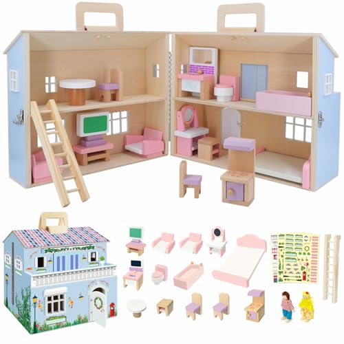 SIMPLIPLAY DIY Portable Wooden Dollhouse Pretend Play Doll House Set with 4 Rooms 13 Furnitures 2 Dolls 3 Sticker with 2 Styles 1 Wooden Ladder Doll House for 3+ Year Old Kids Boys Girls Gift