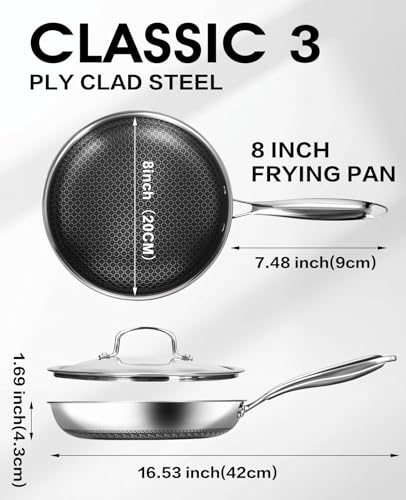 Image of USELUCK Hybrid Non stick Frying Pans with Glass Lid, 8-Inch Frying Pan. | Stainless Steel Skillet with Honeycomb Surface,Oven-Safe,PFAS-Free,Compatible with All Cooktops.