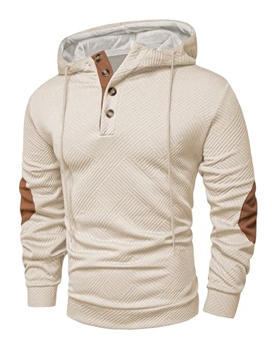 JMIERR Hoodies for men Casual Cotton Textured Long Sleeve Quarter Collar Drawstring Button Pullover Hooded Early Fall Fashion Sweatshirts, S, Beige