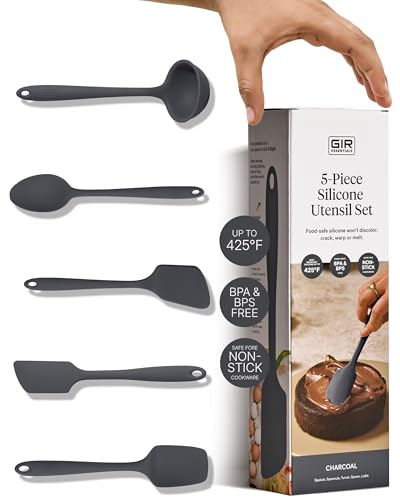 GIR: Get It Right 5 Piece Silicone Essentials Kitchen Utensils Set - Ladle, Spatula, Flip, Spoon & Spoonula - Non-Toxic Cooking Utensils for Nonstick Cookware, Cooking and Baking - Charcoal