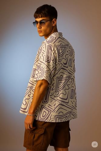 Image of Veirdo Poly Cotton Oversized Loose Baggy Fit Drop Shoulder Cool and Stylish Abstract Print Men Camp Collar Shirt
