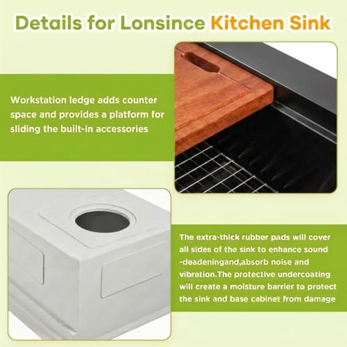 Lonsince Black Undermount Kitchen Sink 33 inch,16 Gauge Stainless Steel Sinks,Single Bowl Workstation Sink,Modern Kitchen Sink Offset Drain (33" X 18") by Lonsince - Used condition - Image 8