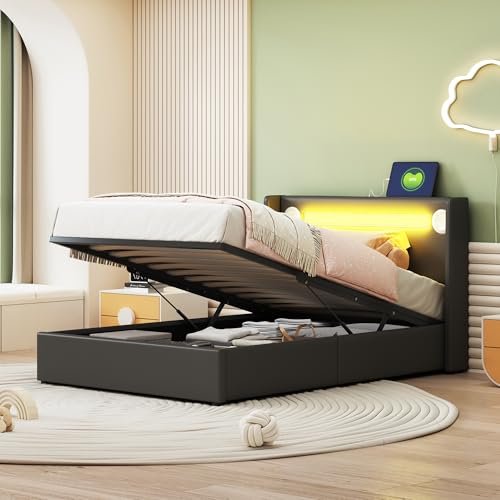 Polsterbett Einzelbett 90x200, Bett mit Stauraum&Lattenrost, LED Kopfteil mit USB-Aufladung&Bluetooth-Player, Hydraulisch Stauraumbett Funktionsbett Jugendbett Bettgestell, PU, Ohne Matratze, Schwarz – Bild 7