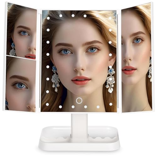 Zhufas Dreifach Faltbarer Kosmetikspiegel mit LED-Beleuchtung, Touch-Funktion, 1X/2X/3X Vergrößerung – ideal für Make-up und Pflege