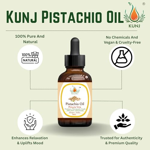 Image of KUNJ Pistachio Oil (Pistacia vera) 10ML - 100% Pure & Natural, Cold Pressed - Therapeutic Grade Oil for Skin Nourishment, Hair Care & Moisturizing