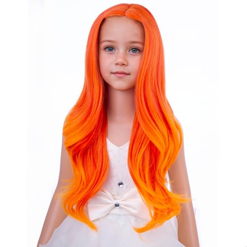 Image of PATTNIUM Kids Girls Flame Fire Wig Long Wavy Curly Orange Wig Orange Ombre Long Wigs Cosplay Costume Synthetic Wigs