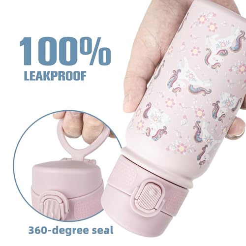 Image of GOPPUS Kids 12oz Insulated Stainless Steel Water Bottle, Leakproof Vacuum Tumbler with Carry Handle, Fits Cup Holders, Reusable Water Bottle for School Outdoor, Boys & Girls(Pink Unicorn)