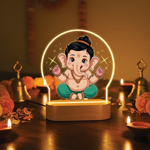 Image of Giftplease Cute Baby Ganesha Printed LED Night Light - Bal Ganpati Lamp with Warm Glow - Divine Kids Room Decor, Birthday Gift, & Office Good Luck Charm GL 05