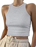 Artfish Women Casual Basic Sleeveless High Neck Rib-Knit Front Racerback Crop Tank Top 01#Grey,S