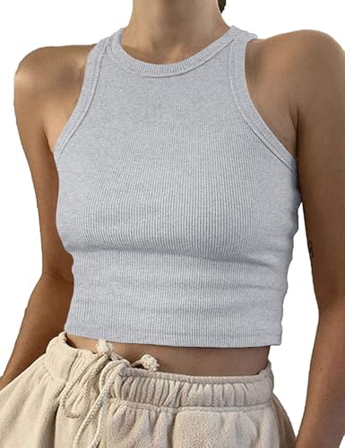 Image of Artfish Women Casual Basic Sleeveless High Neck Rib-Knit Y2k Crop Tank Top
