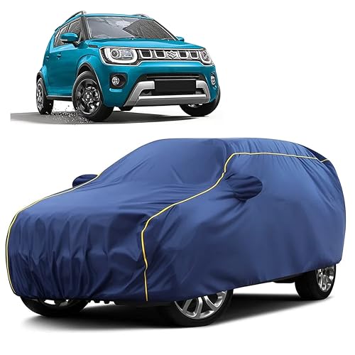 Image of Sulfar 100% Water Resistant Car Body Cover Compatible with Mirror for Maruti Suzuki Ignis (Triple Stitched, Full Bottom Elastic, Blue Taffeta with Yellow Piping)