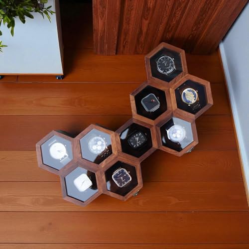Image of Vintage Wooden Watch Box for Men, Timepiece Display Case, Honeycomb Watch Storage & Organizer, Jewlery Box for Women, Anniversary Gift For Husband (9 Compartments)