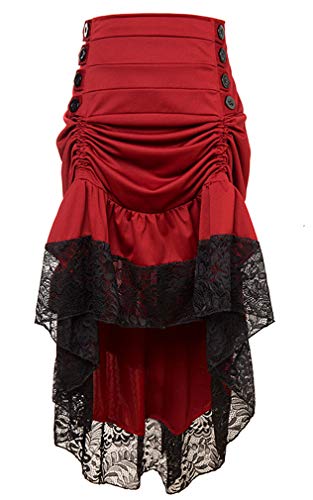 Charmian Women's Steampunk Victorian Gothic High Waist Lace Trim Ruffled High Low Cyberpunk Skirt Burgundy Medium