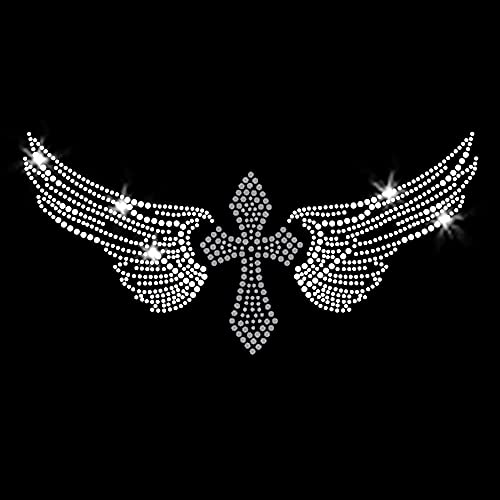 Cross Wings Christian Biker Faith Sparkly Bling Iron-on Rhinestone Crystals and Rhinestud Transfer by JCS Rhinestones