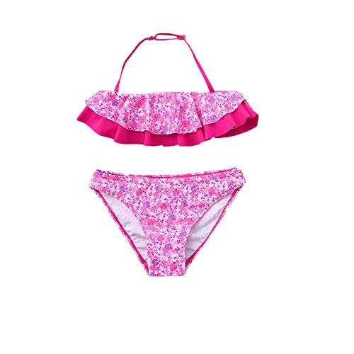 VECDY Bañador Bebe Niña, 2 Piezas Moda Traje De Baño Bikini para Bebé Infantil Ruffles Natación Verano Tops Pantalones Cortos con Estampado Floral Tirantes Finos con Volantes para Playa (Hot Rosa,8)