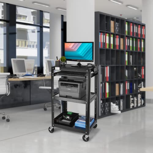 Metateel Av Presentation Cart Stand For Video Projector,Tv,Laptop Computers,Printers,Metal Construction Rolling Cart With Adjustable Shelves,4 Wheels,4 Outlets, 5.75Ft Cord,Support 300 Lbs,Black #TOP6