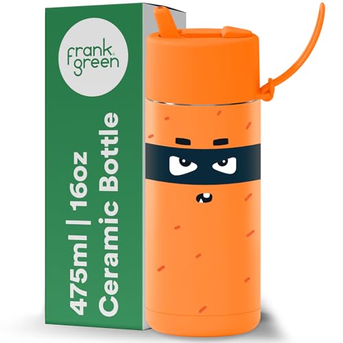 Image of frank green Reusable Cup with Flip Straw Lid, Frankster Drinks Bottle for Kids, Spill and Leak-Resistant, Ceramic Lined - Robin, Neon Orange 16oz