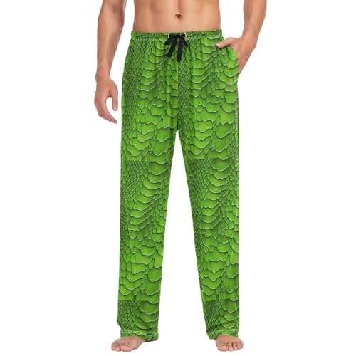 Men’s Green Snake Scales Pajama Pants with Pockets, Comfortable Lounge Sleep Bottoms#2893