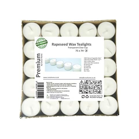 Premium Tealights Rapeseed Wax Transparent Clear Cup Tea Lights White Wax Unscented Night Lights Candles Vegan Wax Non-Toxic (75 Natural Tealights - 7 Hour Burning Time) Cover