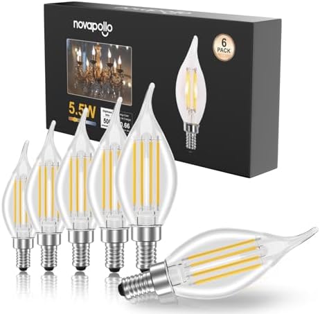 E12 Chandelier Light Bulbs, Dimmable 60 Watt Equivalent 2700K Soft Warm White Candelabra Light Bulbs for Bedroom, 500LM 5.5W Efficient Lightbulb,6-Pack