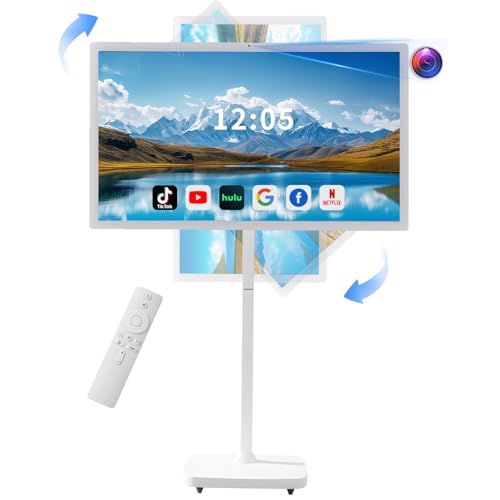 Image of 32 Inch Smart Portable TV on Wheels,FHD Touch-Screen-Monitor,Wireless RollableTV, 8G RAM,128G Storage,Built-in 6-8H Battery,Android 14,Full Swivel Rotation,Remote Control (White)