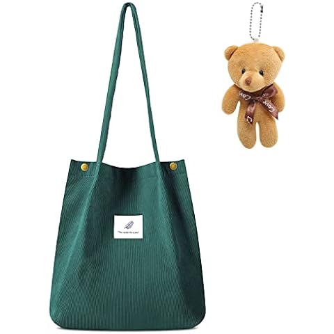 Corduroy Tote Bag, Cord Bag Womens Big Capacity Simple tote Shopping Bag Cotton and Linen Lining Casual GreenTote Bag School with 3 Pockets Laptop Tote Bag for Work School Shopping College Casual Cover
