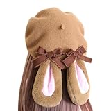 Jilneed Sweet Lolita Beret Hat Women Winter Wool Berets Cute Bunny Ear Beanie Cap Kawaii Anime Cosplay Hair Accessories (US, Alpha, One Size, Brown)