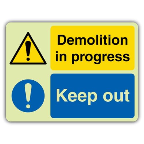Panneau photoluminescent Demolition In Progress signalisation de chantier 600x450mm
