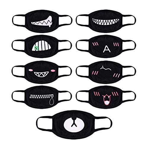 Aliyaduo 9 Pcs Mouth Mask Unisex Cartoon Funny Teeth Pattern Three Layers Cotton Half Face Mask,Black