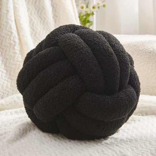 Petrella Black Knot Pillow Ball, Handmade Soft Lambswool Round Throw Pillow for Chair, Couch and Monochrome Room Decor, Small Decorative Pillows, Knotted Accent Cushion, 8 Inch