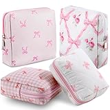 Paterr 4 Pcs Mini Quilted Floral Makeup Bag Women Gifts Small Cosmetic Bag Floral Quilted Makeup Pouch with Zipper Cute Travel Toiletry for Mom Teacher Women Girls Gifts(Coquette Bow, Flower)