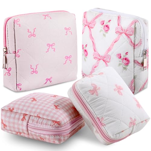 Paterr 4 Pcs Mini Quilted Floral Makeup Bag Women Gifts Small Cosmetic Bag Floral Quilted Makeup Pouch with Zipper Cute Travel Toiletry for Mom Teacher Women Girls Gifts(Coquette Bow, Flower)