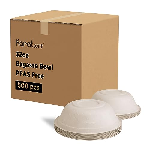 KARAT EARTH PFAS Free Bagasse Round Bowl, Druable and Microwaveable, Natural color - 500 pcs (32oz)