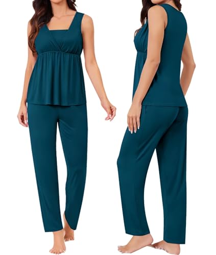 Image of SWOMOG Maternity Nursing Robe Set 3 Piece Breastfeeding Pajamas 3 in 1 Labor Delivery Sleevless Tops&Long Pants Pregnancy Pjs